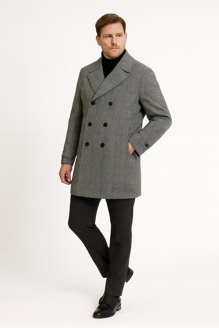 Mens Grey Plaid Double-Breasted Overcoat with Black Faux Fur Collar Classic Winter Peacoat