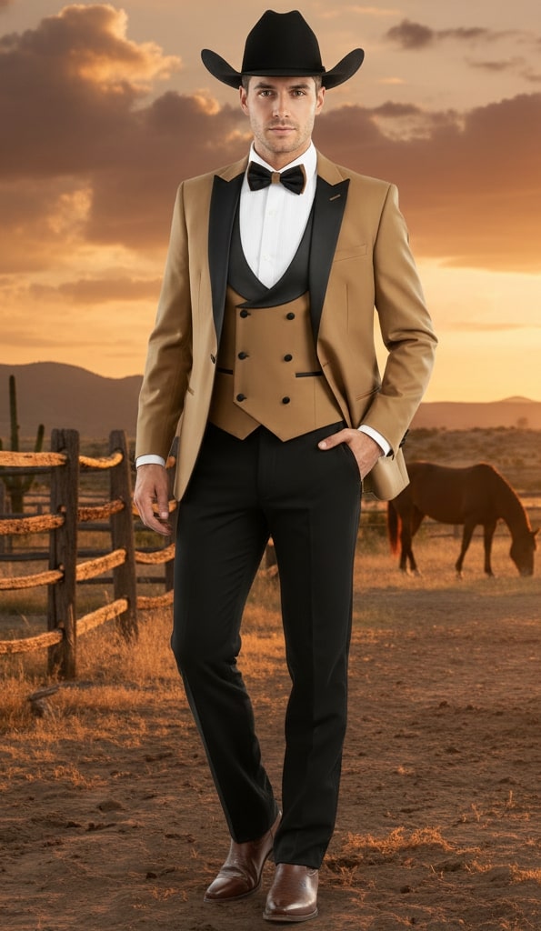 Mens Western Cowboy Tuxedo – Tan and Black 3-Piece Suit with Satin Lapel and Vest in Mocca Coffee Color - 34 Short or Extra Small
