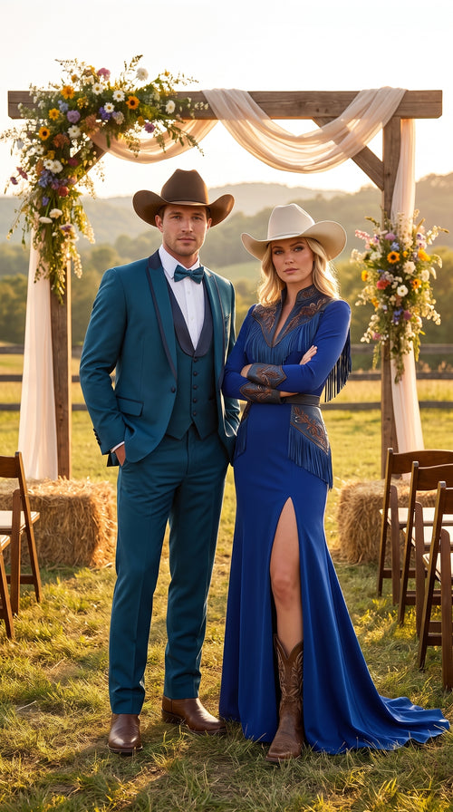 Men’s Teal Blue Western Tuxedo Suit, 3 Piece Cowboy Formal Wedding Prom Suit with Black Shawl Lapel Saphire