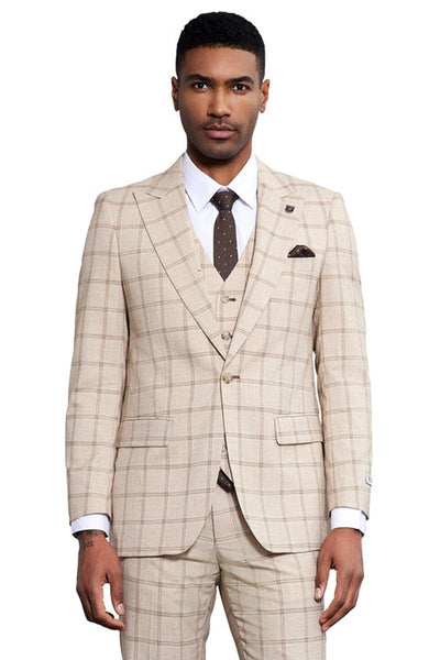 38 Men's Stacy Adams One Button Peak Lapel Vested Windowpane Plaid