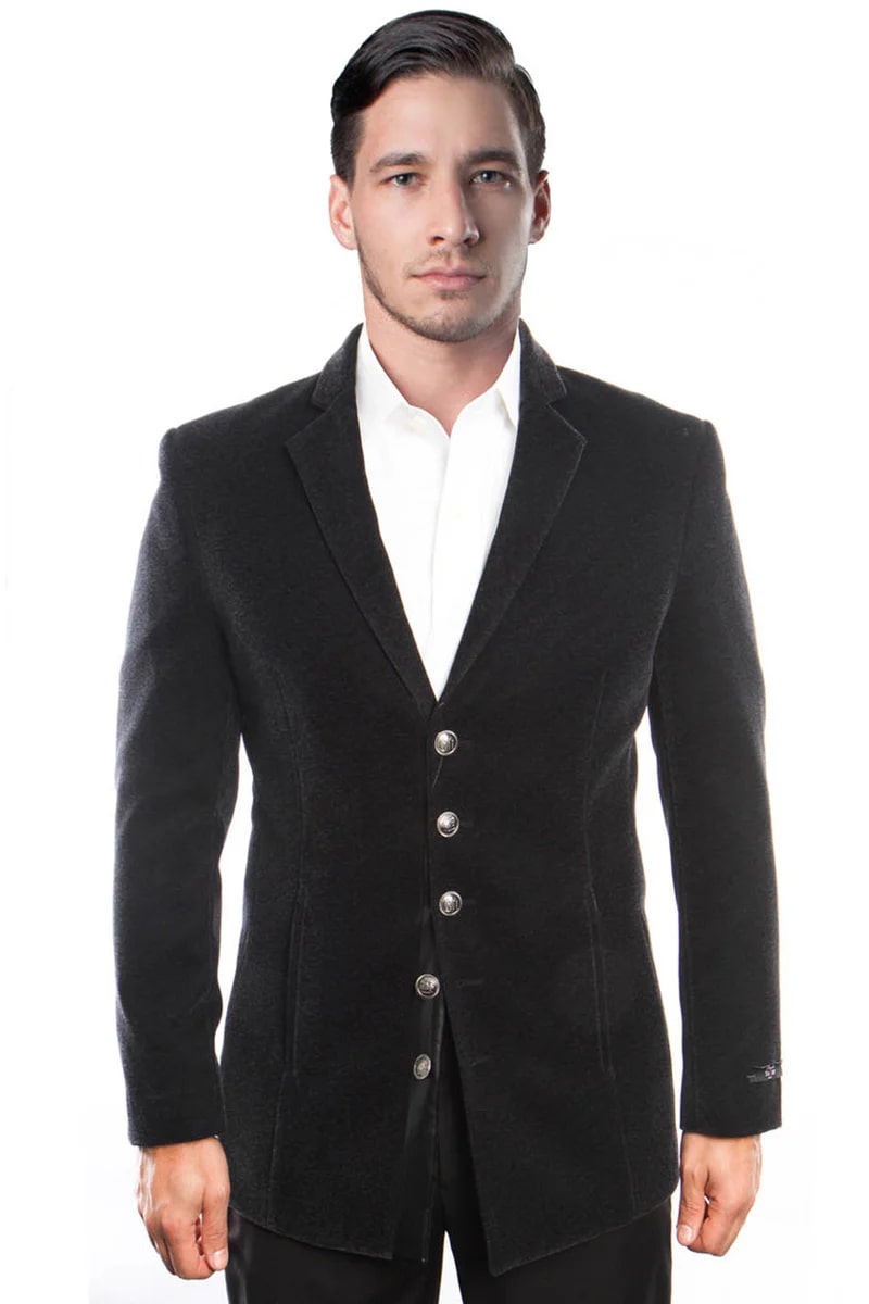 Men's Five Button Vintage Style Velvet Coats in Black - 36 Short
