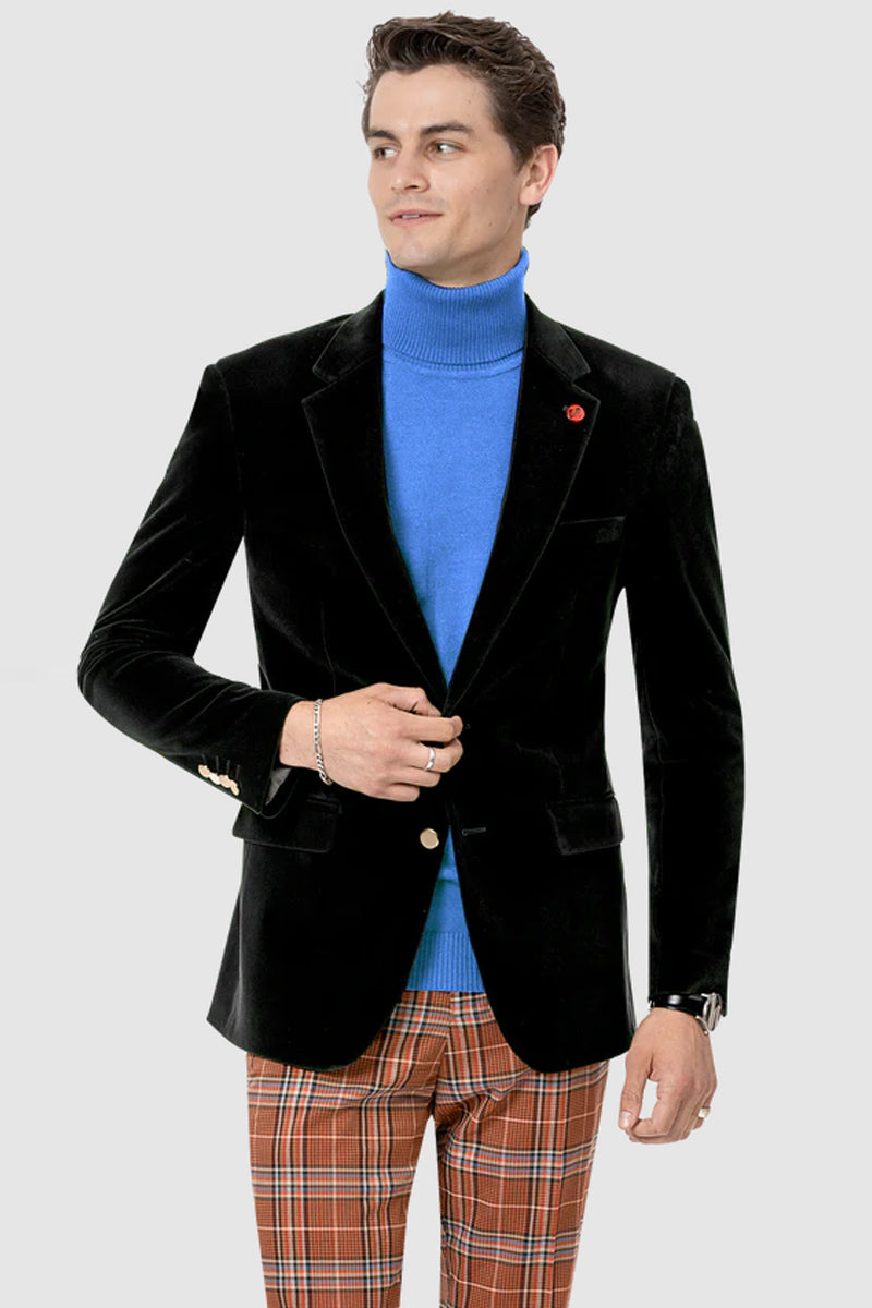 "Black Velvet Blazer for Men - Modern Fit, Two Button Design"