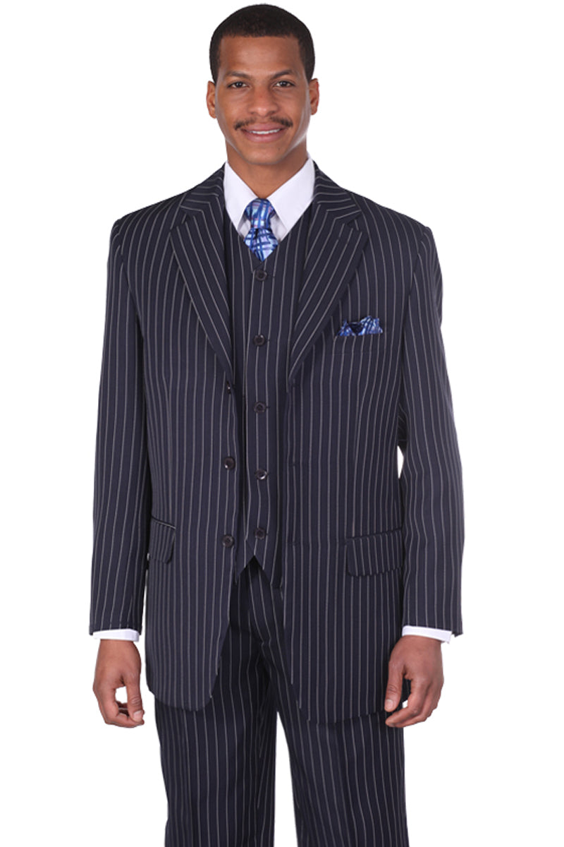 Vintage Pinstripe 3-Button Men's Suit, Navy Blue - Bold Gangster Vested Style