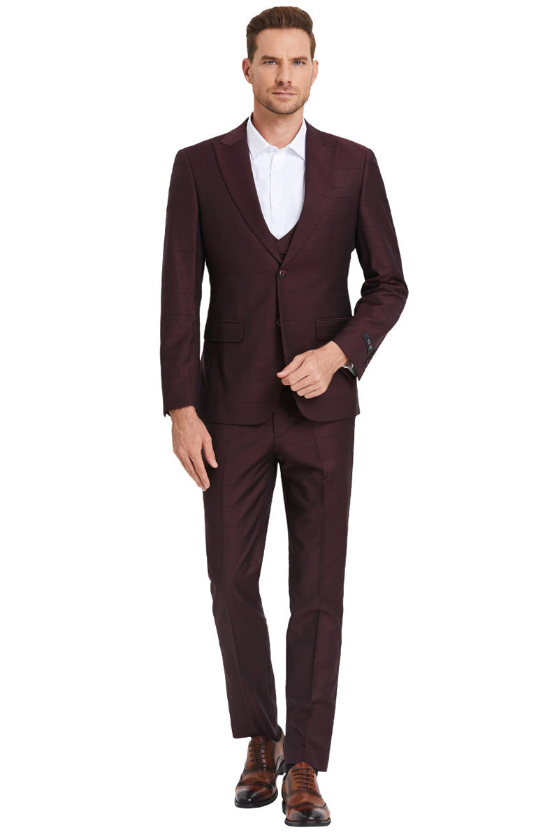 "Sharkskin Suit Men's - Burgundy Windowpane Plaid, Two Button Vested Peak Lapel" - 34 Short