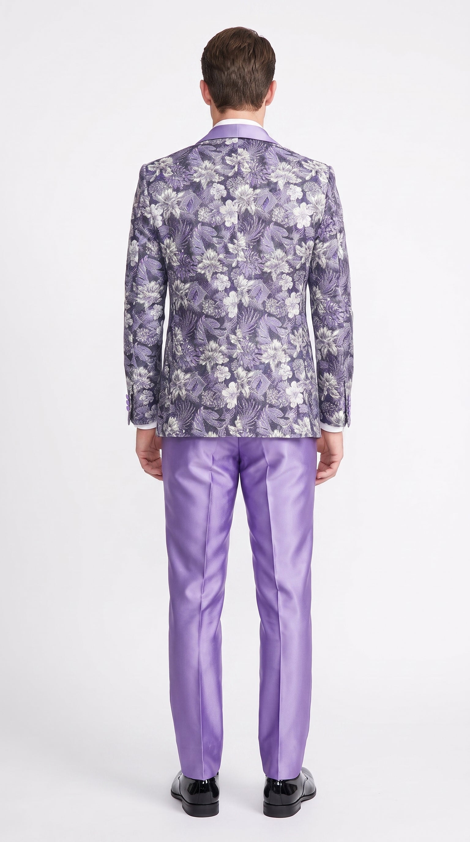 Men’s Lilac Lavender Prom Suit – Floral Shawl Lapel 3 Piece Tuxedo with Matching Vest and Pants