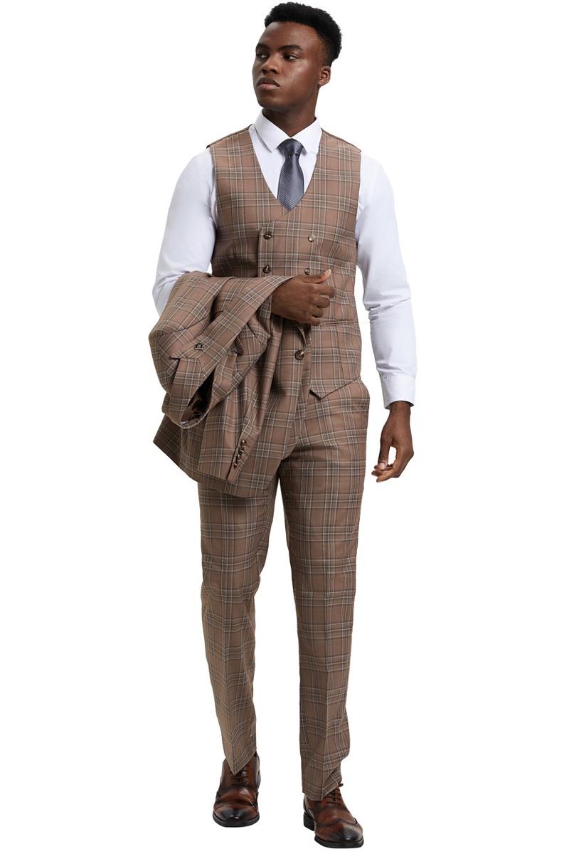 Men's Stacy Adams One Button Peak Lapel Double Breasted Vest Suit in Light Brown Plaid - 38 Regular