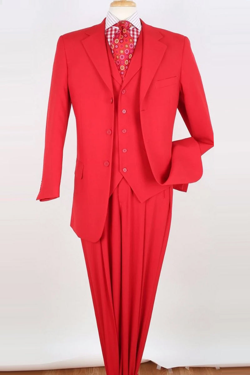 "Red Classic Fit Men's Suit with Three Buttons - Vested Style"