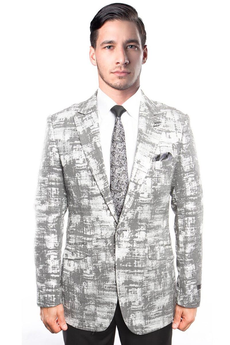 "Grey Men's Slim Fit Blazer - One Button Brush Stroke Pattern"