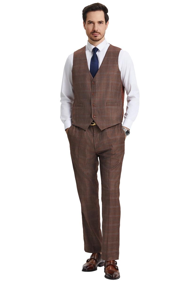 Men's Stacy Adams Vested Modern Fit Windowpane Plaid Suit in Light Brown - 38 Regular