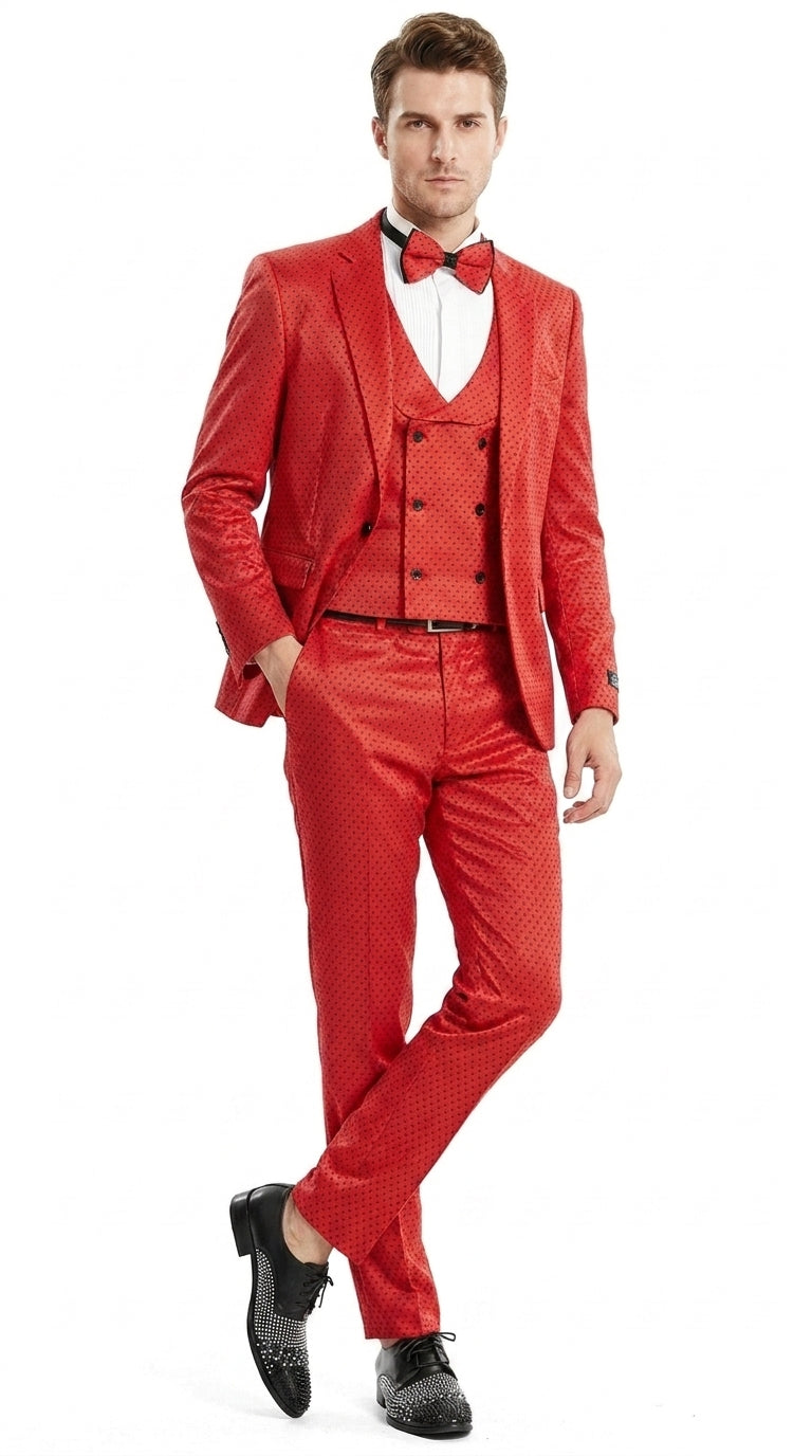 Tazio Men’s Cherry Red and Black  Polka-Dot 3-Piece Suit – Skinny Fit Prom, Wedding and Party Suit or Tuxedo - 34 Short or Extra Small