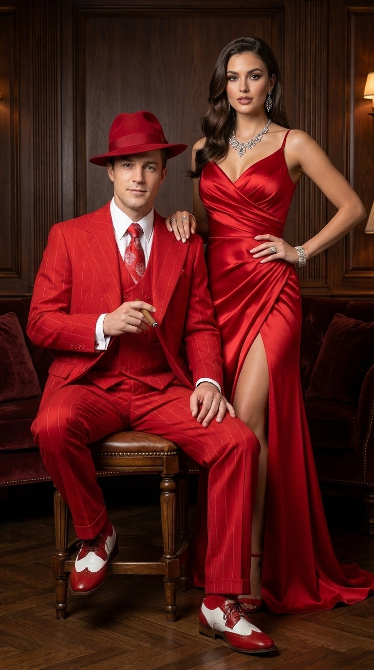 1920s Christmas Holiday Gangster Men’s Red Pinstripe 3-Piece Suit – Peak Lapel Classic Fit Pleated Pants - 34 Short or Extra Small