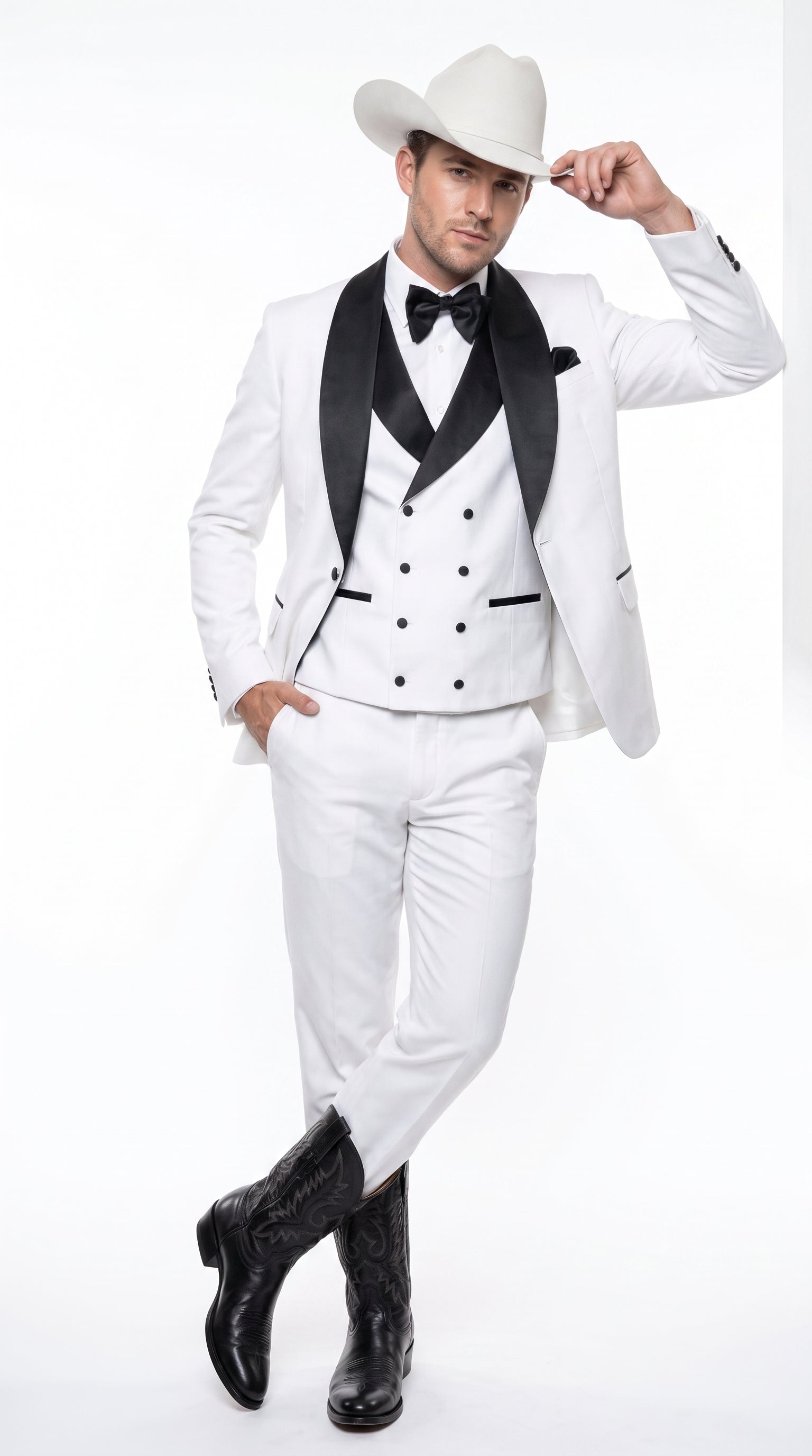 Men’s White and Black Western Wedding Tuxedo – Cowboy Style 3-Piece Traje para Boda with Double-Breasted Vest - 34 Short or Extra Small