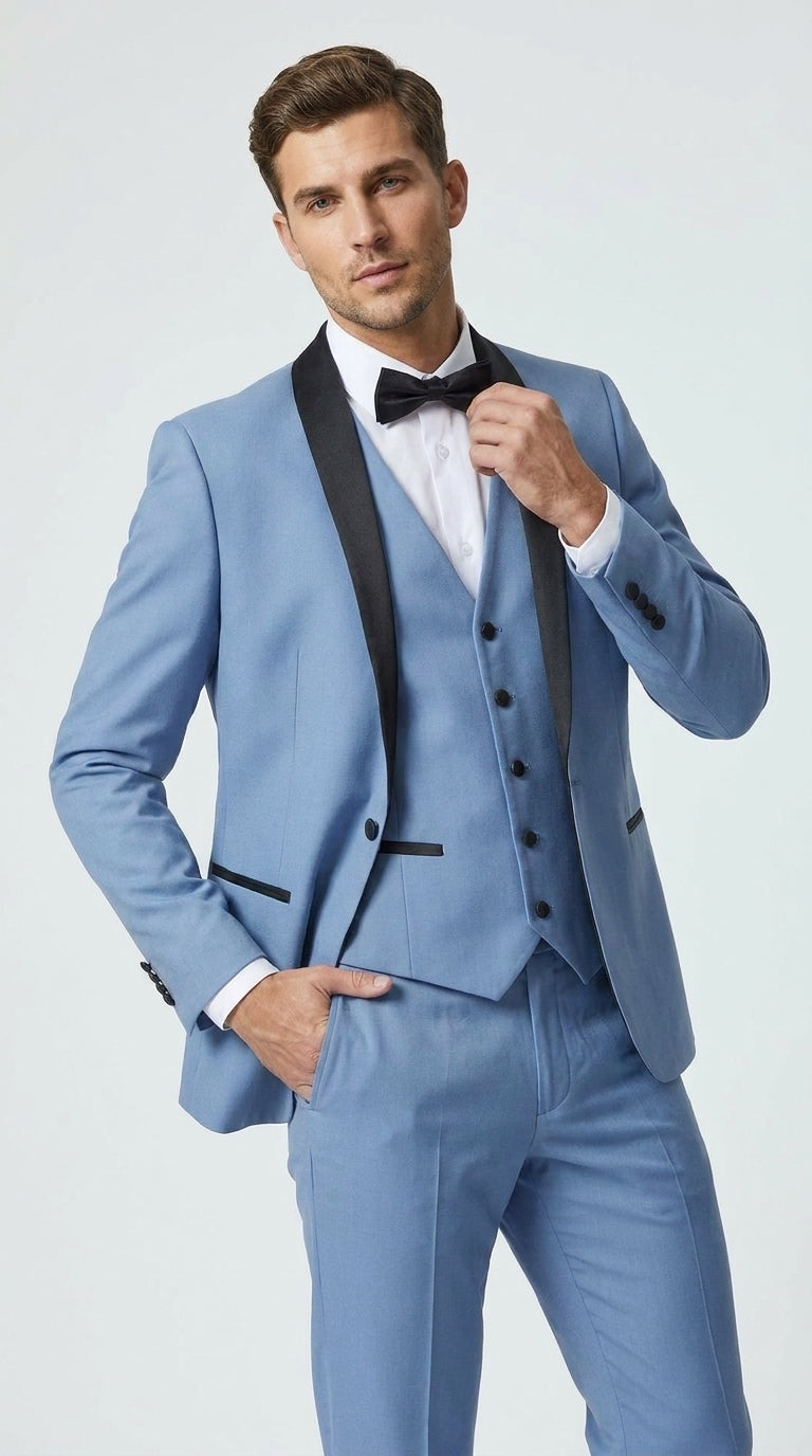 Men’s Powder Blue 3 Piece Tuxedo Suit – Light Blue Shawl Lapel Wedding Prom Suit with Vest - 34 Short or Extra Small