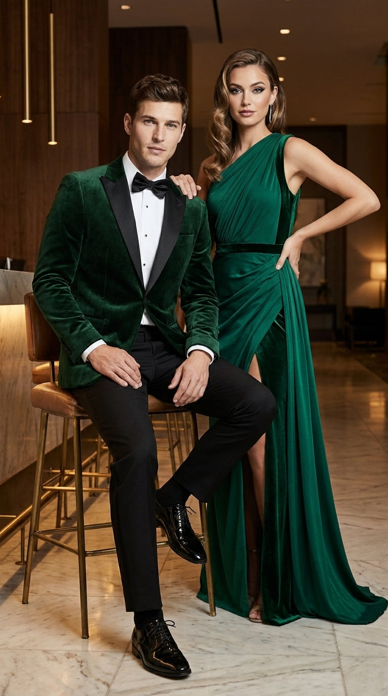 Men’s Olive Green Velvet Tuxedo Dinner Jacket – Black Satin Peak Lapel Formal Prom Wedding Blazer - 34 Short or Extra Small
