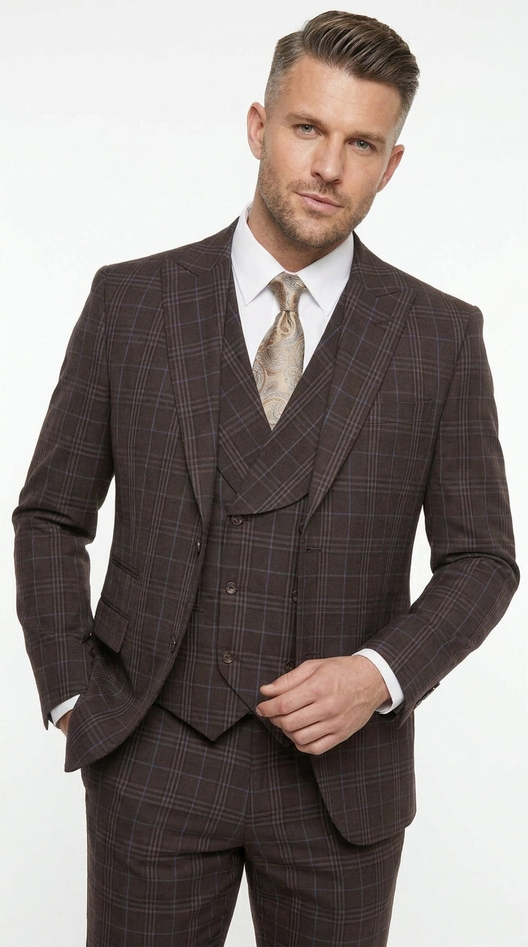 Men’s Vitali 3PC Suit – Choclate Brown and blue Plaid Check 3-Piece Suit with Double-Breasted Vest Modern Fit Side Vented