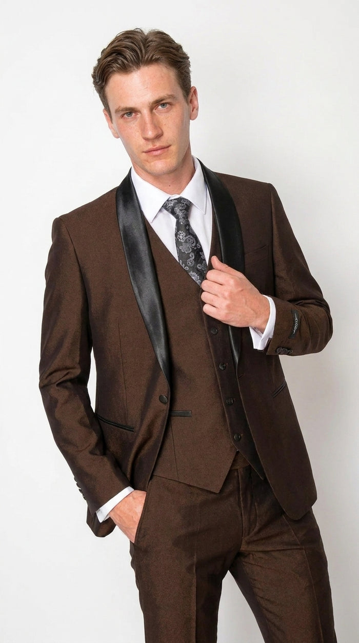 Men’s Chocolate Brown 3-Piece Tuxedo Suit with Black Satin Shawl Lapel – Shawl Collar Vested