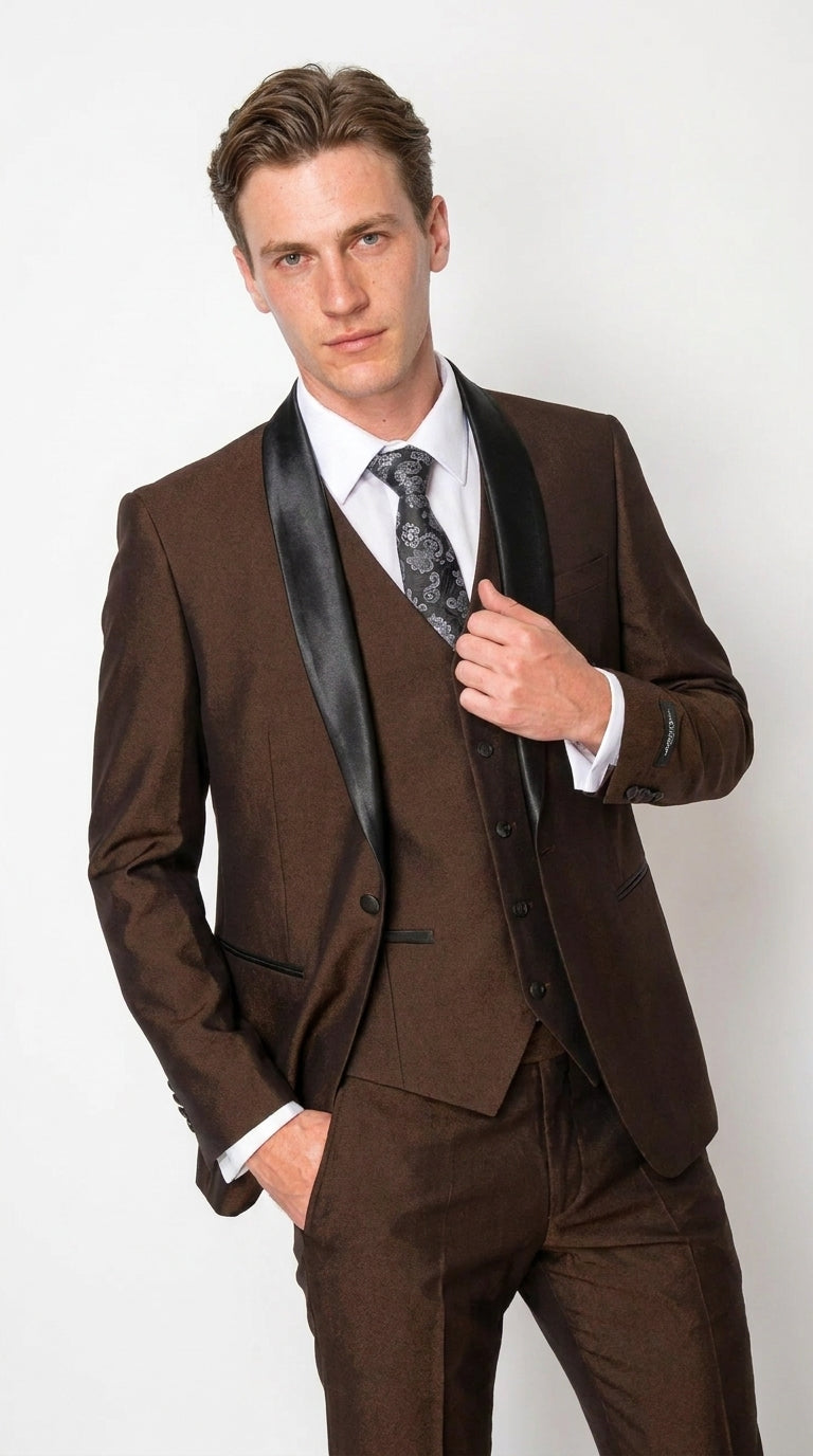 Men’s Chocolate Brown 3-Piece Tuxedo Suit with Black Satin Shawl Lapel – Shawl Collar Vested