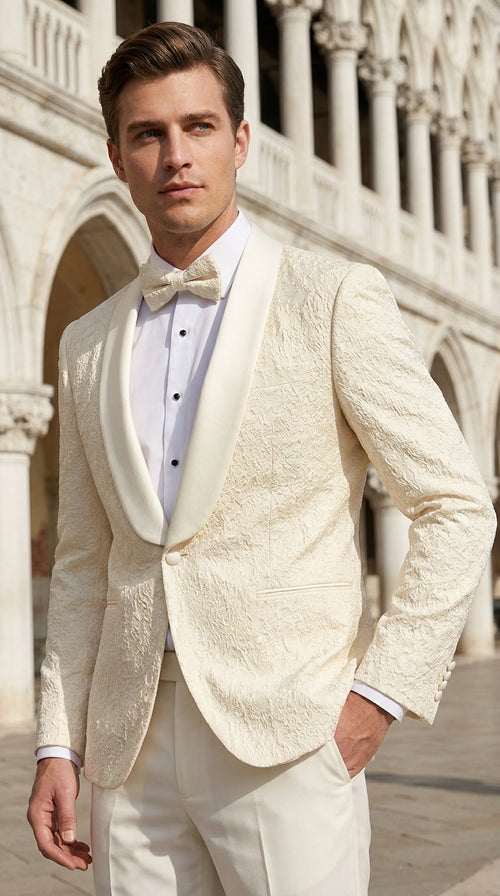 Men’s Ivory Off White Jacquard Dinner Jacket – Cream Tuxedo Blazer for Weddings & Formal Events + Bowtie included