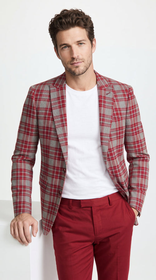 Men's Red Tartan Plaid Blazer Checkered Sport Coat Holiday New Year Gray Windowpane