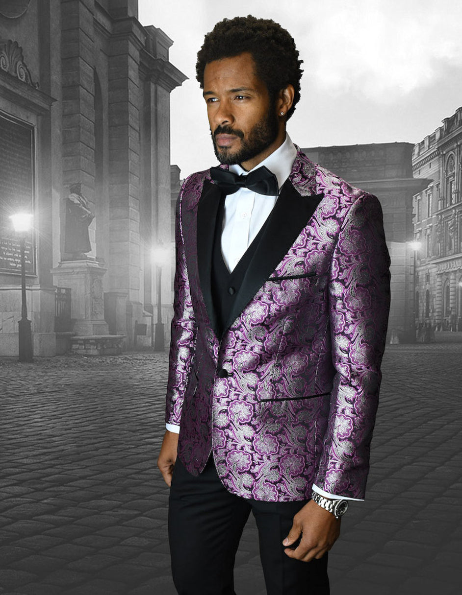 Mens Vested One Button Peak Lapel Shiny Floral Tuxedo in Fuschia - 40 Short