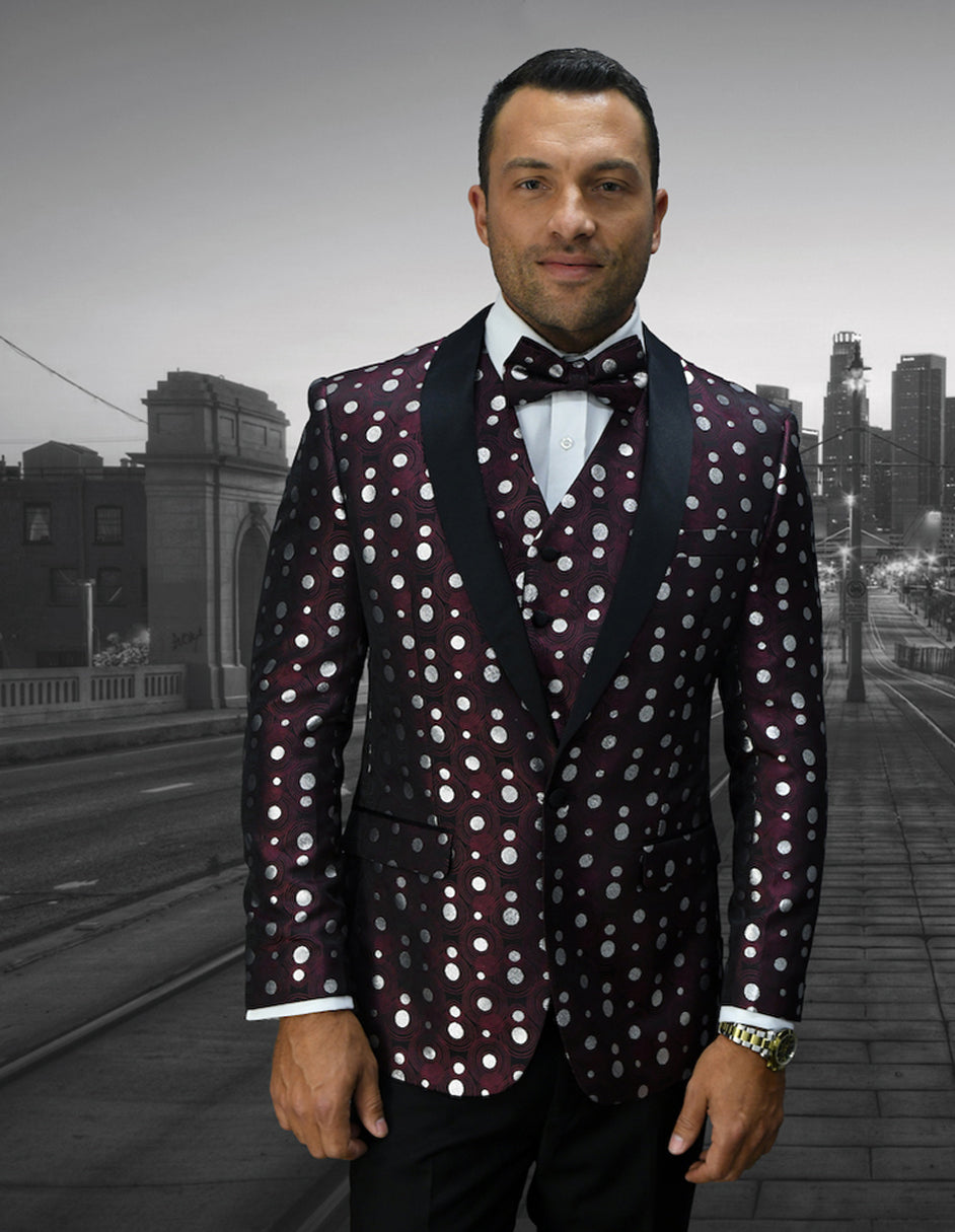 Mens Vested Polka Dot Tuxedo in Burgundy - 36 Short