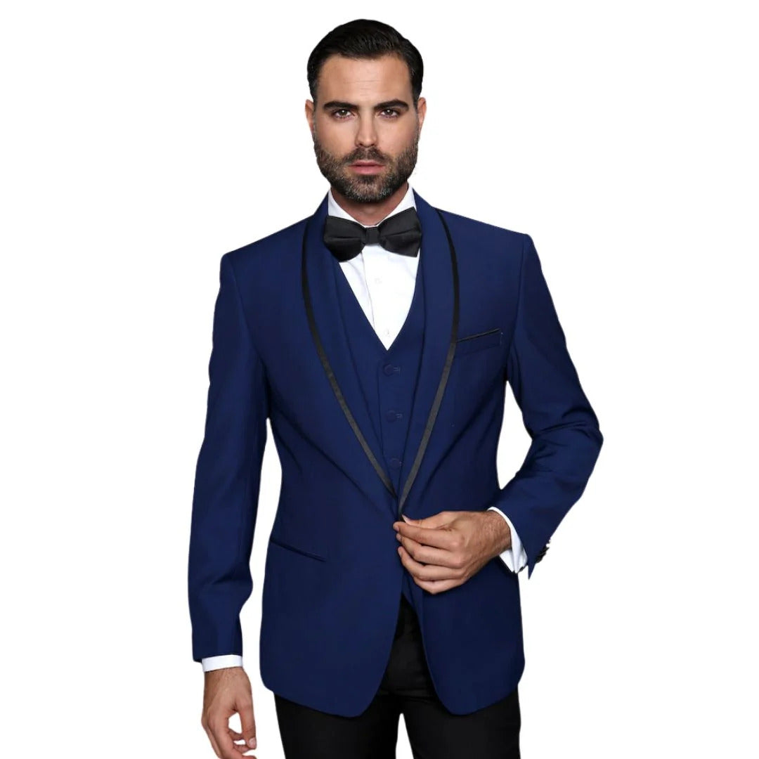 3-Piece Tailored Fit Wool Suit with Bow Tie and Flat Front Pants - Navy