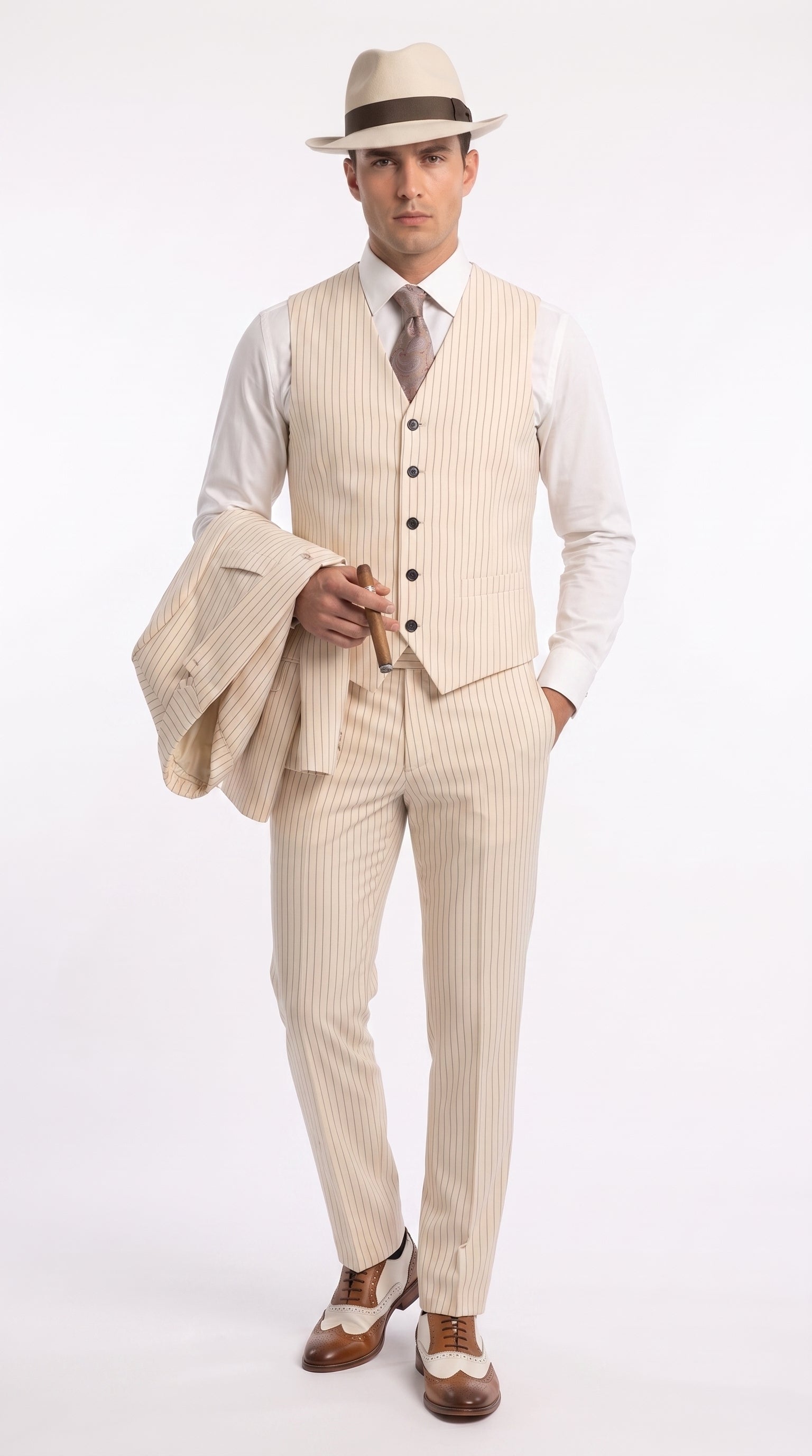 Men’s Ivory Cream Pinstripe 3-Piece Suit – 1920s Gangster Gatsby Wedding and Formal Suit - 34 Short or Extra Small