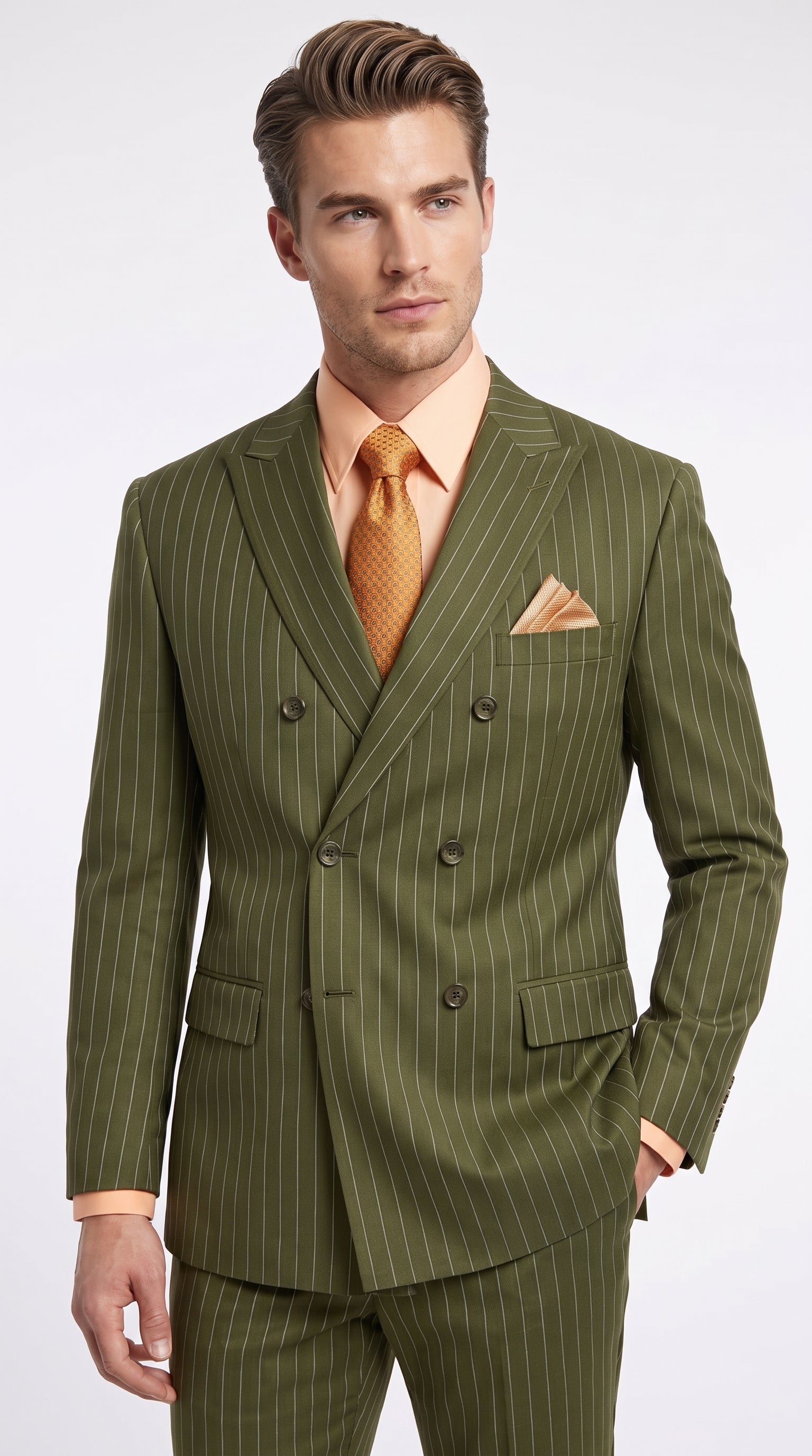Men’s Olive Green Pinstripe Double-Breasted Suit – Classic Wedding, Business and Formal Suit