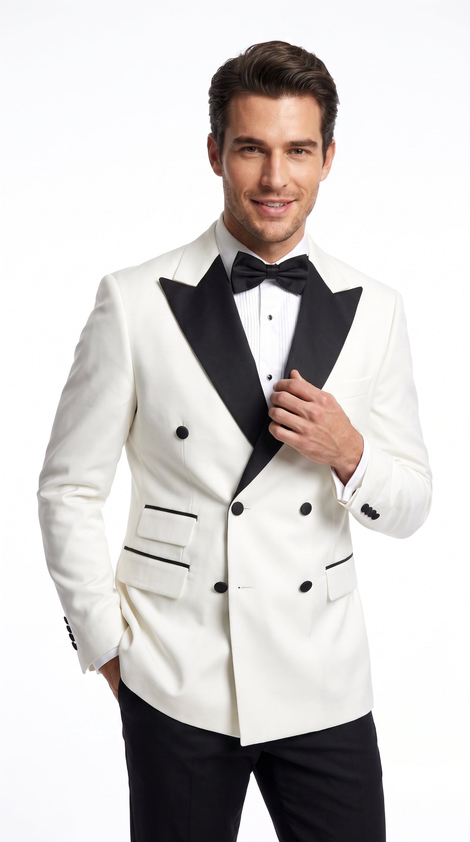 Men’s Vintage Hollywood Ivory Double-Breasted Tuxedo – Black Peak Lapel Wedding and Formal Suit - 34 Short or Extra Small