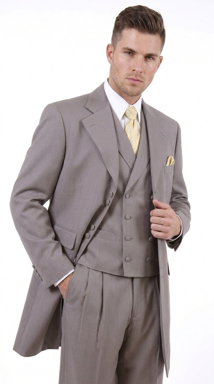 Men’s Light Kahki Sand 3-Piece Suit – Six-Button Jacket with Double-Breasted Vest and Pleated Pants Tan Color