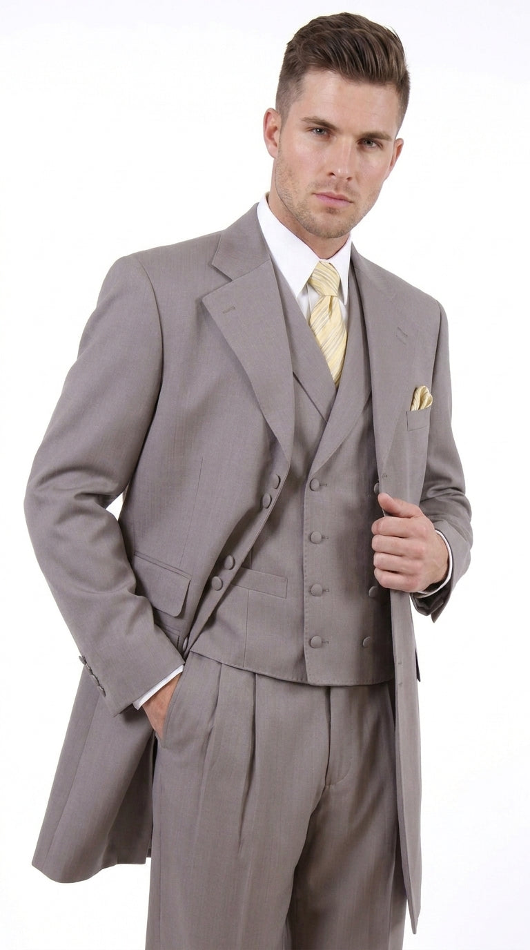 Men’s Light Kahki Sand 3-Piece Suit – Six-Button Jacket with Double-Breasted Vest and Pleated Pants Tan Color