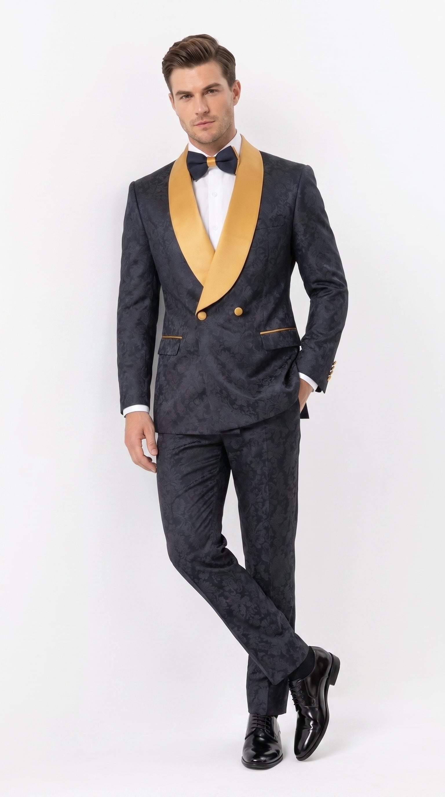 Men’s Black and Gold Hollywood Tuxedo – Double-Breasted Shawl Lapel Prom, Wedding and Formal Suit - 34 Short or Extra Small