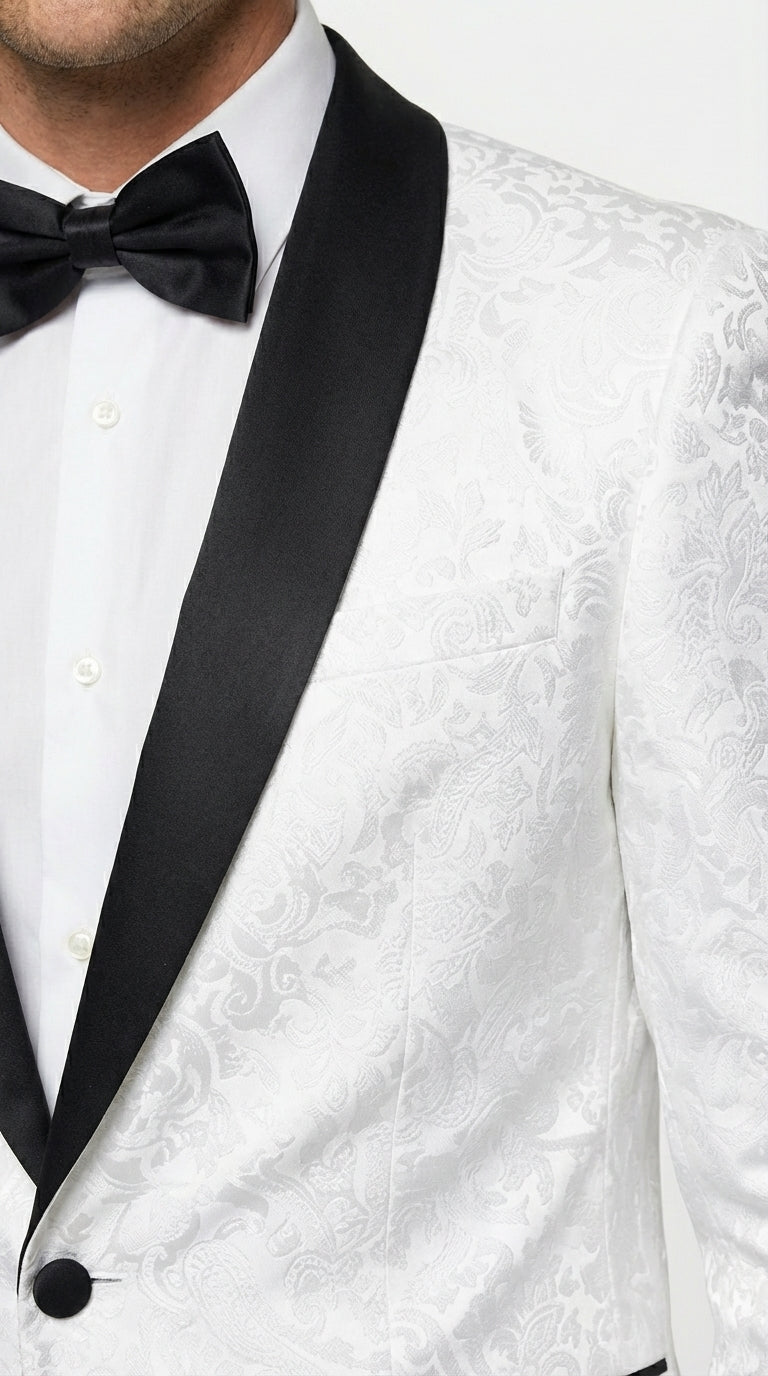 Men’s White Dinner Jacket Disco Blazer 1980s Sequin Style Jacket – Black Lapel Party Blazer, Formal Masquerade Club Wear Paisley Fabric + Bowtie - 34 Short
