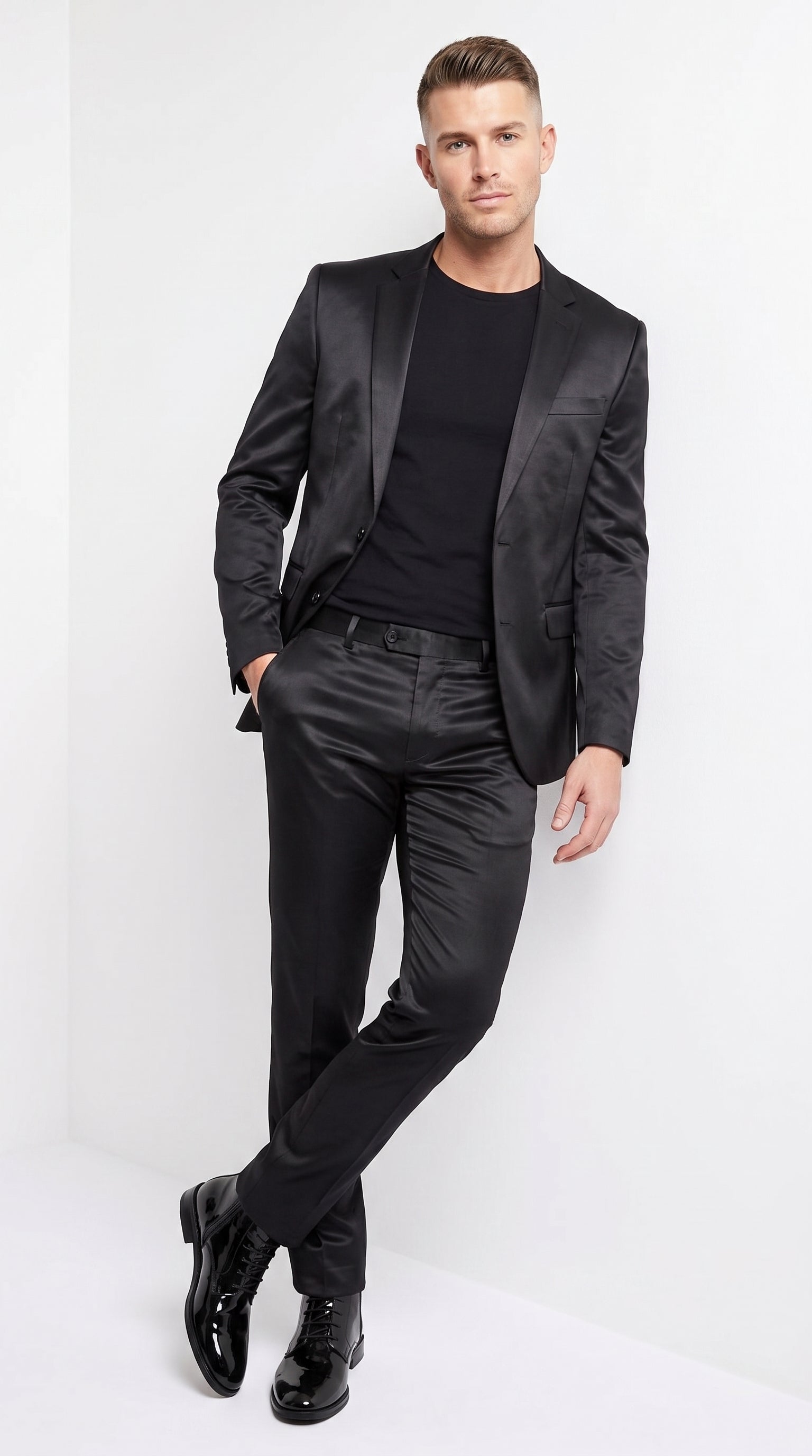 Men’s Black Shiny Sharkskin 2 Piece Suit, Formal Wedding Prom Party Dress Suit - 34 Short or Extra Small