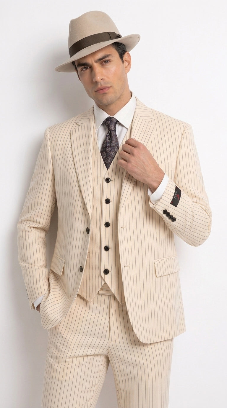 Men’s Ivory Cream Pinstripe Scarface Suit – Vintage Gangster Modern Fit 3-Piece Wedding Suit - 34 Short or Extra Small