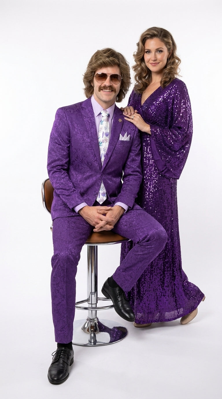 Men’s Purple Paisley 2-Piece Suit – 1970s Disco, Retro Rockabilly, Prom and Party Suit - 34 Short or Extra Small