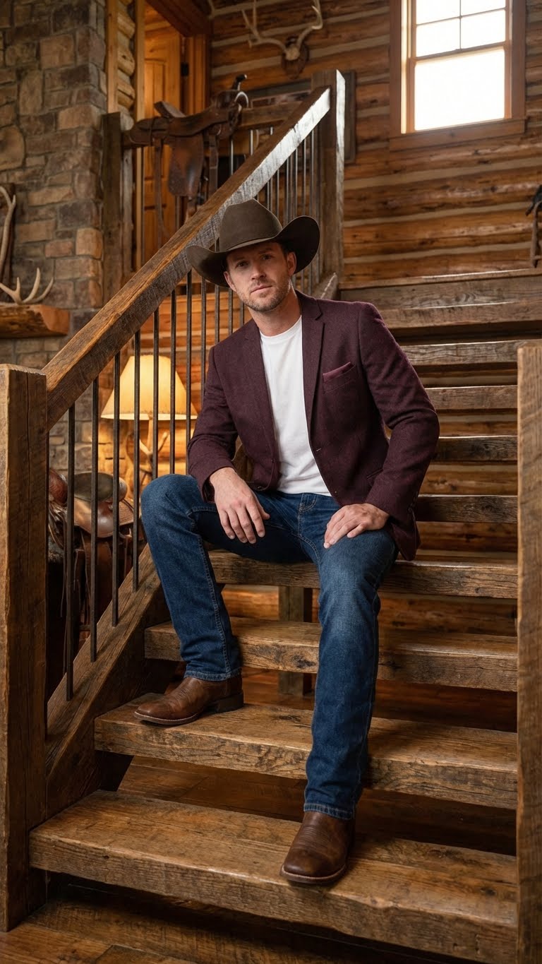 Men’s Burgundy Western  Blazer Jacket, Textured Cowboy Style Sport Coat for  - Tweed Herringbone Maroon Color - 36 Short