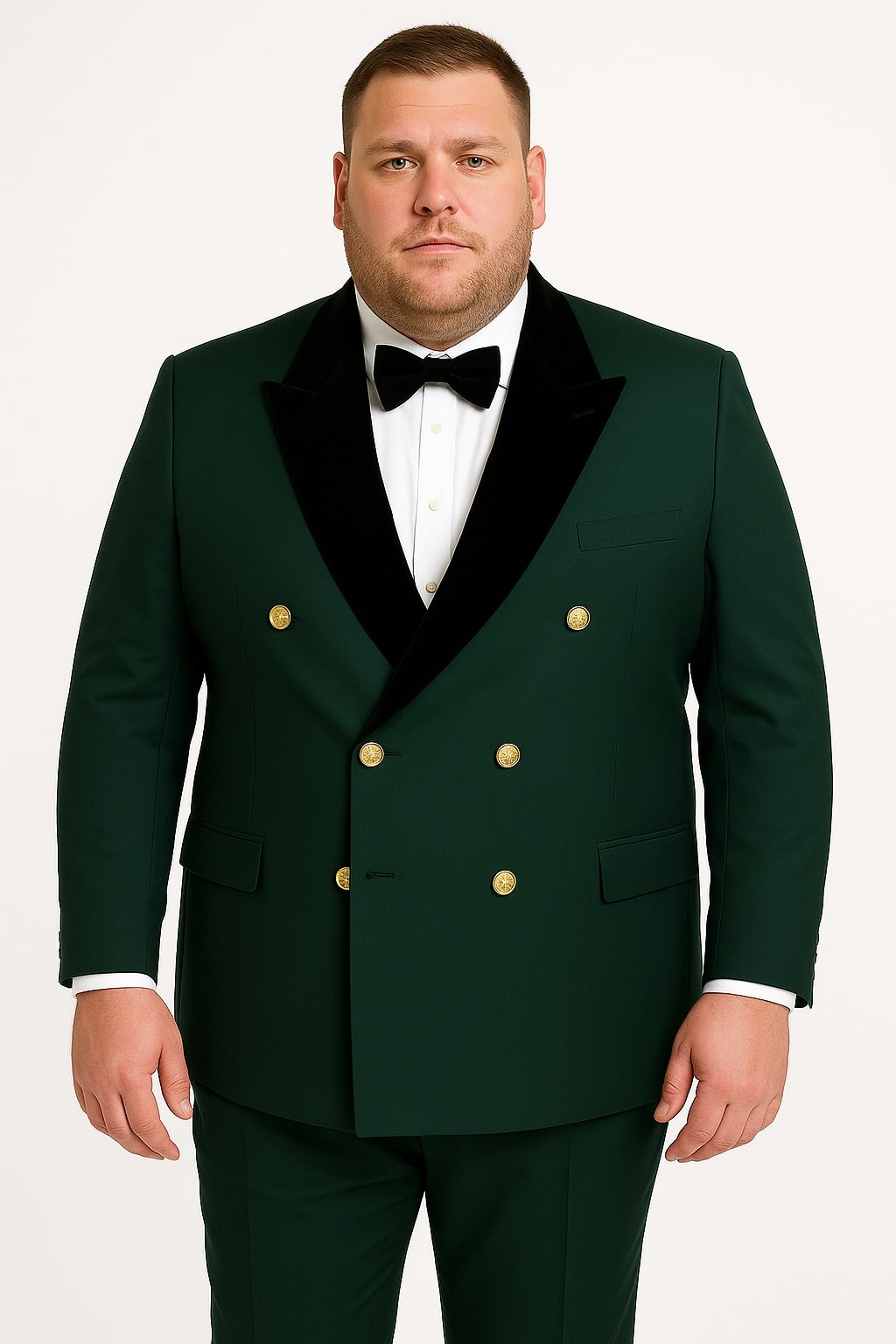 Men's Green Double-Breasted Wedding Tuxedo with Black Velvet Lapel and Gold Buttons - 34 Short or Extra Small