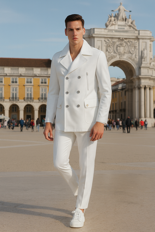 Mens White Double-Breasted Peacoat Jacket – Classic Stylish Outerwear Wool Fabric Slim Fitted