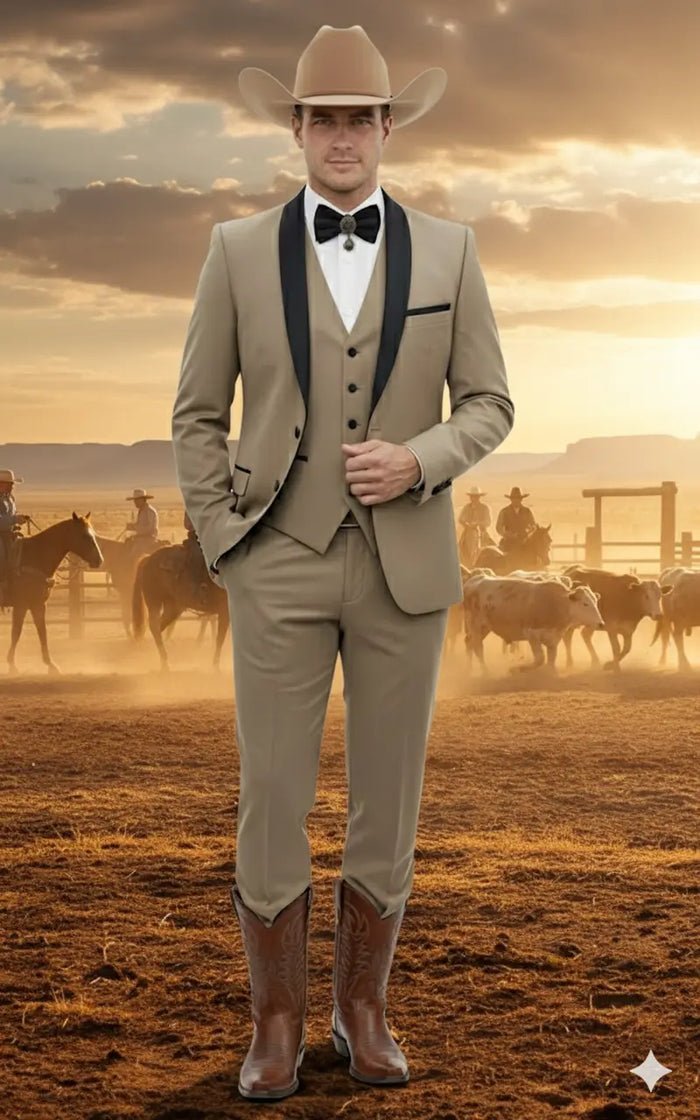 Mens Western Cowboy Suit 3-Piece Tan Tuxedo with Black Lapel, Vest, and Pants Beige  Color
