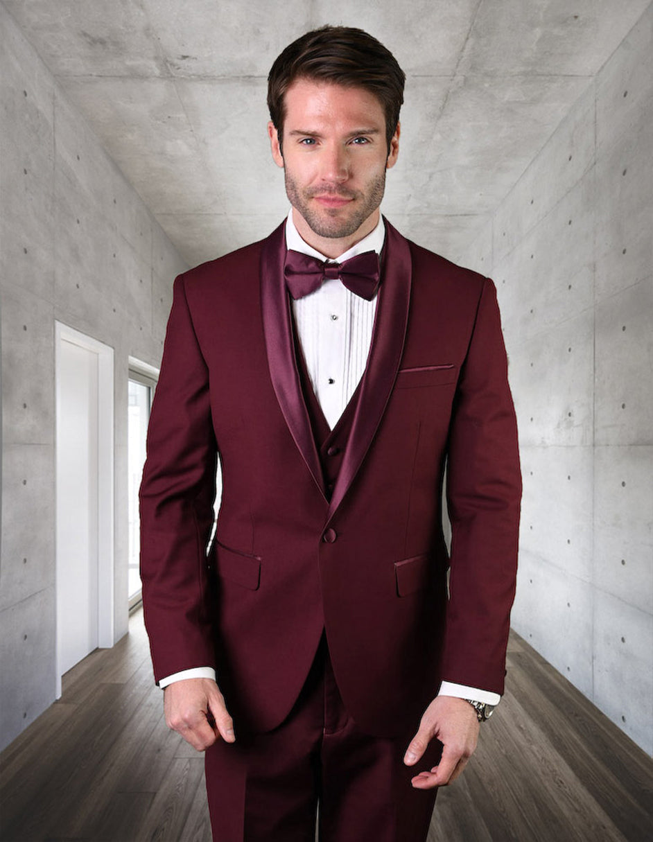 Mens Wool One Button Modern Fit Vested Shawl Prom Tuxedo in Burgundy - 42 Regular