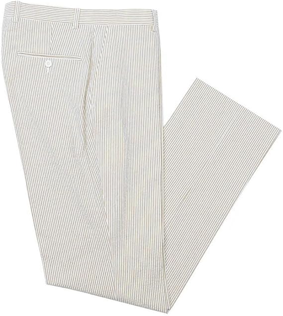 Mens Seersucker Pants - Summer Casual Pinstripe Modern Fit in Color Beige - dress size pants : 28 Unfinished bottom
