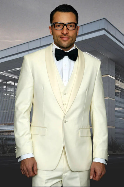 "Mens Wool One Button Modern Fit Vested Shawl Prom 2026 Tuxedo Suit in Ivory" off white