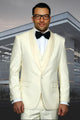 "Mens Wool One Button Modern Fit Vested Shawl Prom 2025 Tuxedo Suit in Ivory" off white
