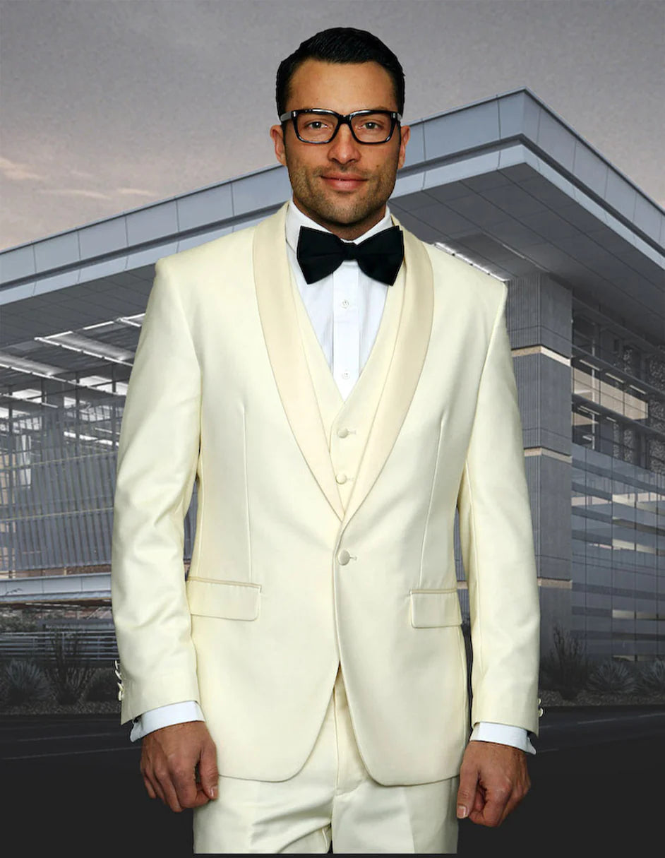 "Mens Wool One Button Modern Fit Vested Shawl Prom Tuxedo Suit in Ivory"