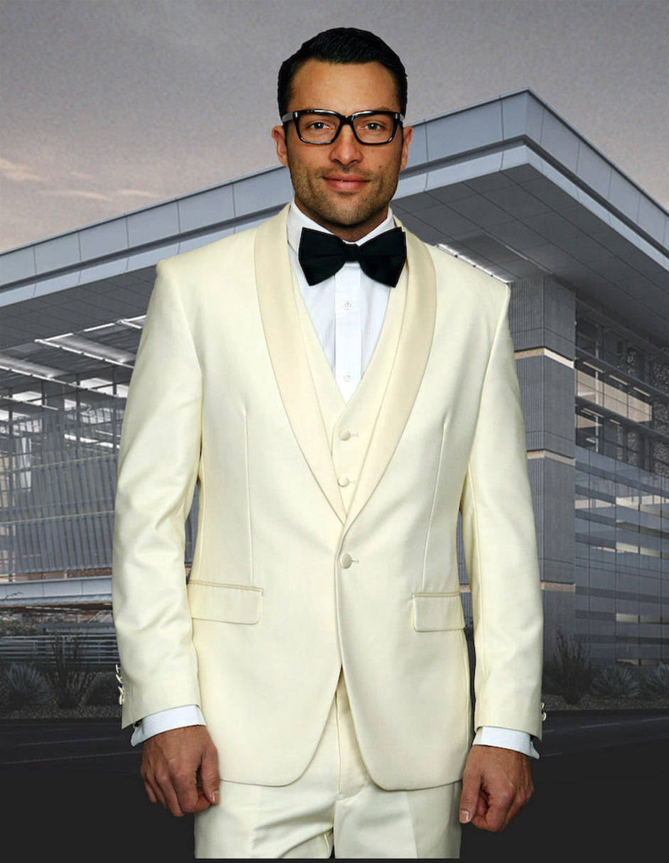 Mens Wool One Button Modern Fit Vested Shawl Prom Tuxedo in Ivory - 36 Short