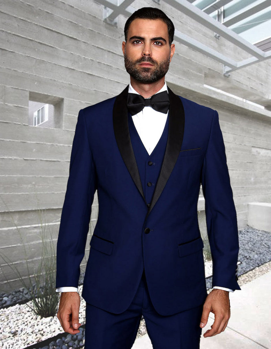 Mens Wool One Button Modern Fit Vested Shawl Prom Tuxedo in Sapphire Blue - 36 Short