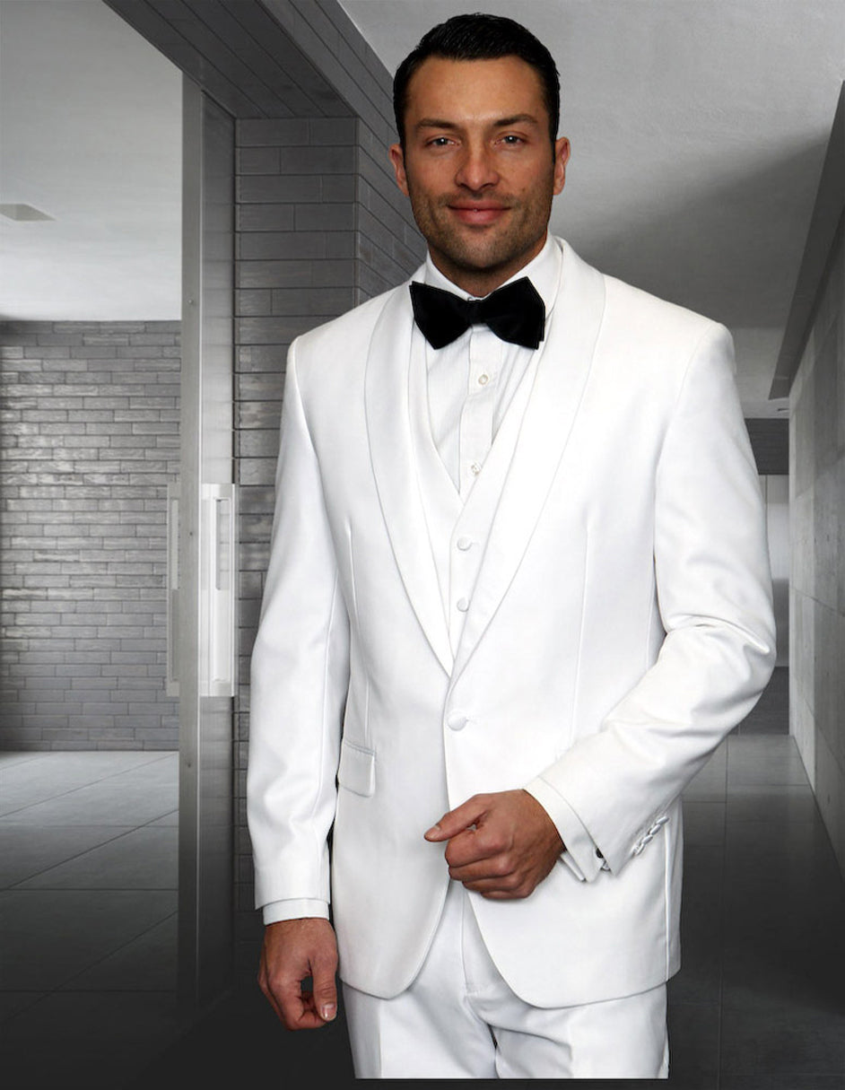Mens Wool One Button Modern Fit Vested Shawl Prom Tuxedo in White - 38 Short
