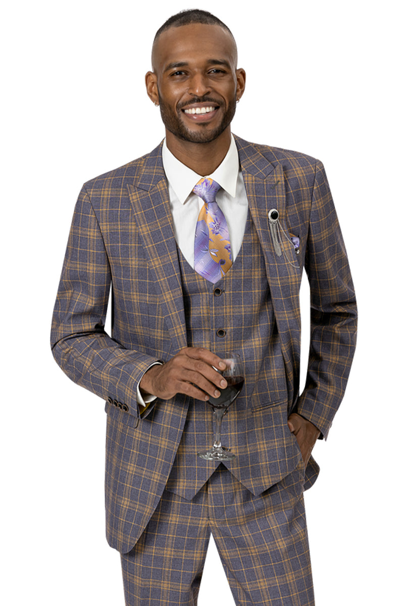 "Peak Lapel Vested Suit for Men - Modern Fit, Dark Lavender & Gold Windowpane Plaid"