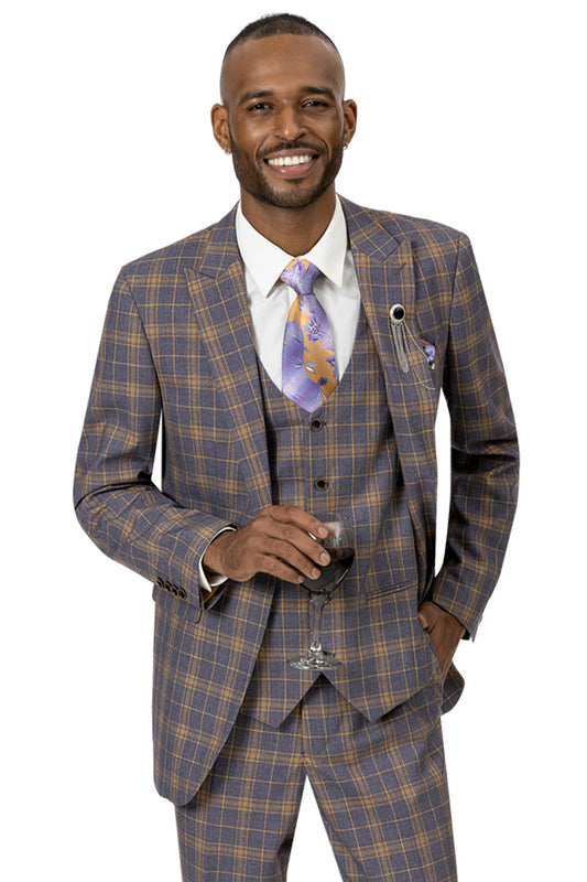 "Peak Lapel Vested Suit for Men - Modern Fit, Dark Lavender & Gold Windowpane Plaid"